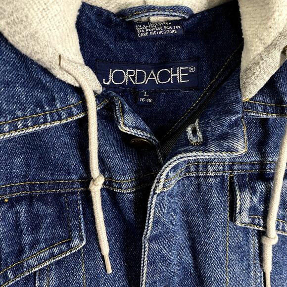 Jordache Hooded Denim Vest Womens L Blue Jean Button Up Pockets Y2K Street Biker - Picture 5 of 12